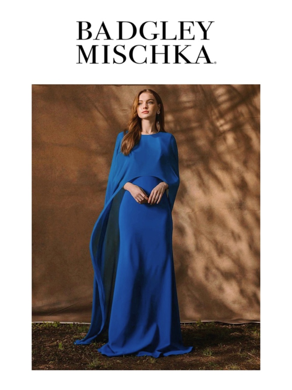 BADGLEY MISCHKA Ocean Blue Georgette Caped Gown
